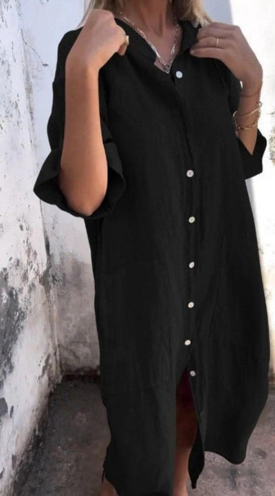 Leinen-Knopf-Midikleid für Damen