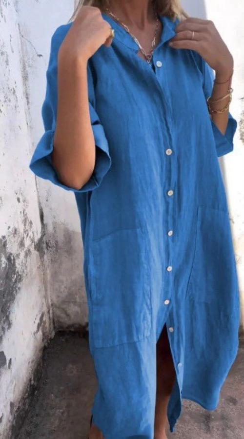 Leinen-Knopf-Midikleid für Damen