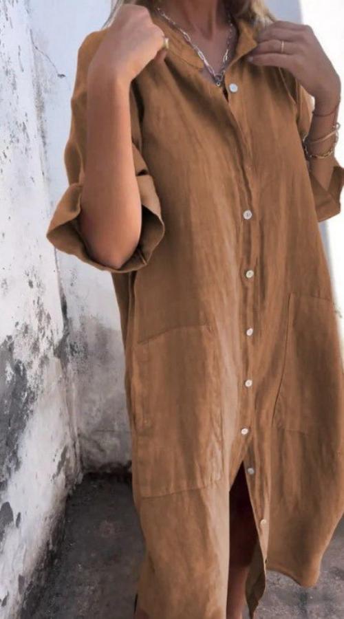 Leinen-Knopf-Midikleid für Damen