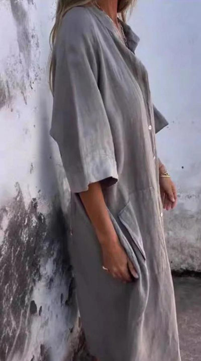 Leinen-Knopf-Midikleid für Damen