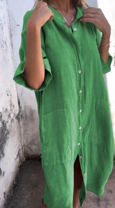 Leinen-Knopf-Midikleid für Damen