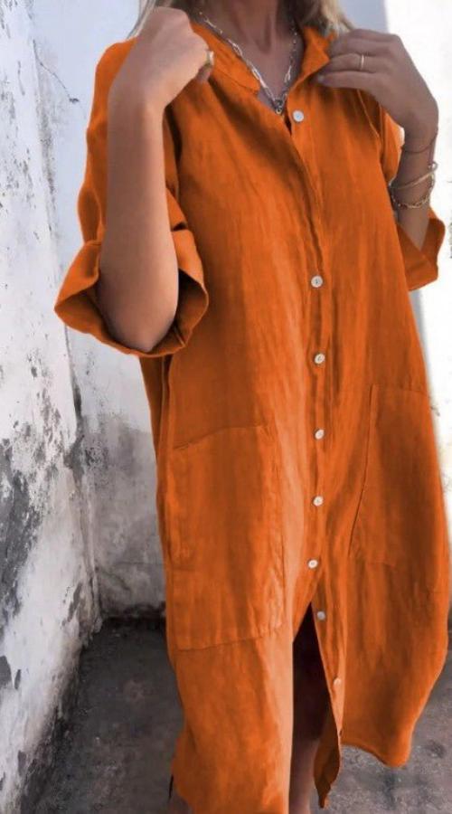 Leinen-Knopf-Midikleid für Damen