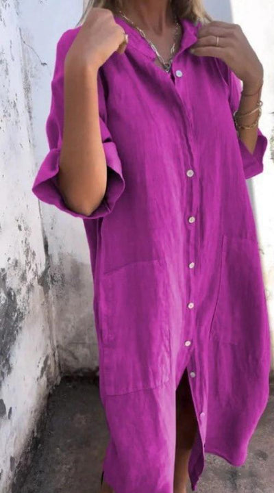 Leinen-Knopf-Midikleid für Damen