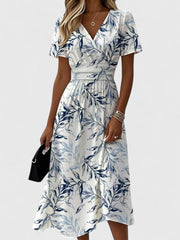 Lorelei | Damen Wickelkleid Blätterprint Midi Kleid – Weiß