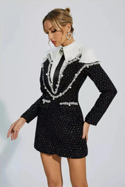 luna – perlenverziertes blazer-kleid mit kragen & glitzer-details – Schwarz