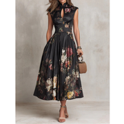 Magda | Damen Schwarzes Floral Satin Midikleid – Schwarz