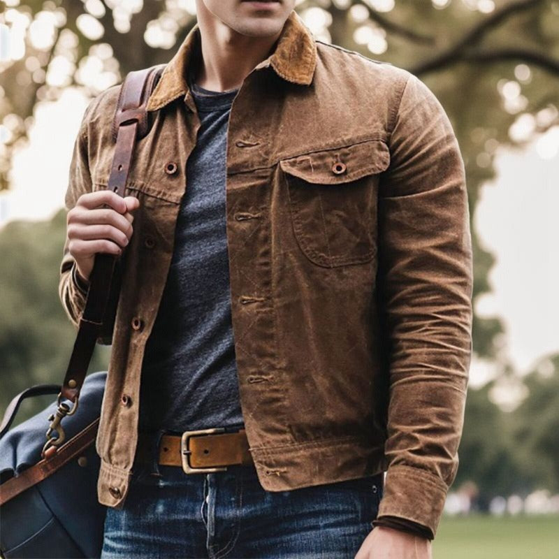 Herren Jacke mit Cordkragen Knopfverschluss und Taschen
