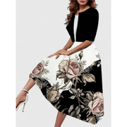 Margaret | Damen Florales Boho Sommerkleid Midi – Schwarz mit Blumenmuster