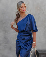 Marianne | Damen One Shoulder Midi Kleid – Blau
