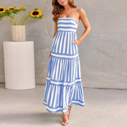 Marisol | Damen Gestreiftes Maxikleid Träger & Taschen – Strandkleid Urlaub 2026 – Blau