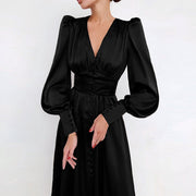 Marlina | Damen V-Ausschnitt Langarm Midikleid – Schwarz