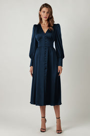 Marlina | Damen V-Ausschnitt Langarm Midikleid – Blau