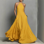 Marta | Damen Neckholder Maxikleid Ärmellos – Gelb