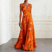 Mathilde | Damen V-Ausschnitt Maxikleid Blumenmuster – Orange