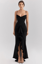 Maxi Abendkleid Langarm Rüschen – Schwarz