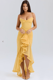 Maxi Abendkleid Langarm Rüschen – Gelb
