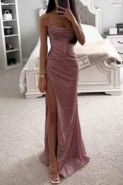 melina – glitzerndes abendkleid mit corsage & beinschlitz – Pink