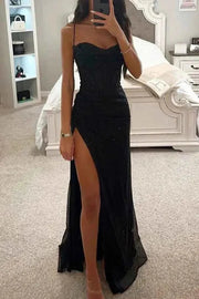 melina – glitzerndes abendkleid mit corsage & beinschlitz – Schwarz