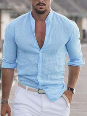 Yvan | Herren Offener Kragen Knopfleisten Freizeit Shirt – Blau