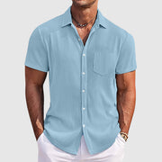 Arthur | Herren Gerippt Kurzarm-Knopfhemd – Blau