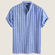 Albert | Herren Vertikalstreifen Stehkragen Kurzarmshirt – Blau