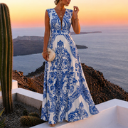 Miriam | Damen Maxi Abendkleid Für Sommer – Blau-Weiß