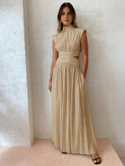Alba | Damen Maxikleid mit Cut-Out, Stehkragen ärmellos elegant – Khaki