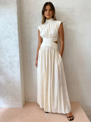 Alba | Damen Maxikleid mit Cut-Out, Stehkragen ärmellos elegant – Weiß