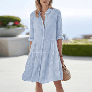 Damen Gestreiftes Langarm Midi Kleid – Luftiges Freizeitkleid – Blau