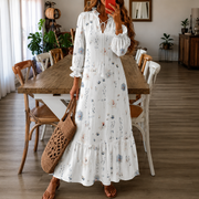 Nadja | Leichtes Damen Sommerkleid Maxi floral Boho stilvoll – Weiß