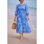 Nayla | Damen Midi Kleid Für Hochzeitsgast Mit Blumenmuster – Blau