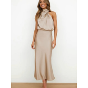 Nayra | Damen Abendkleid Maxi Neckholder Stil – Beige