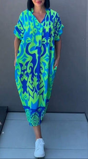 Nia | Damen Blumen Midikleid V-Ausschnitt – Geblümtes Sommerkleid Urlaub 2026 – Grün
