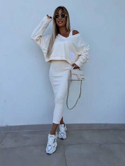 Strick-Zweiteiler mit Top | Oversize Pullover | Figurbetonter Midirock