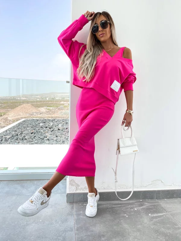 Strick-Zweiteiler mit Top | Oversize Pullover | Figurbetonter Midirock