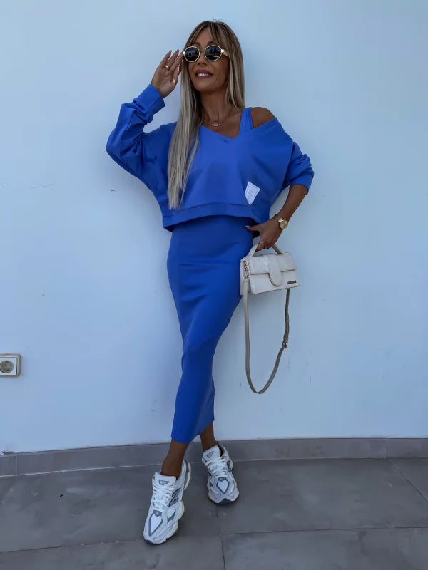 Strick-Zweiteiler mit Top | Oversize Pullover | Figurbetonter Midirock