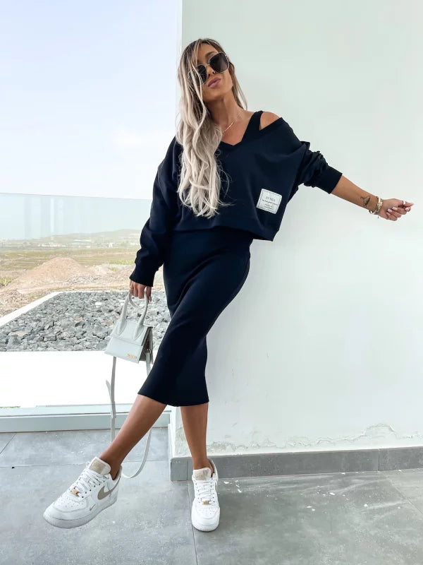 Strick-Zweiteiler mit Top | Oversize Pullover | Figurbetonter Midirock