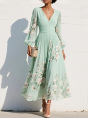 Ondine | Damen Blumenkleid Midikleid Langarm – Grün