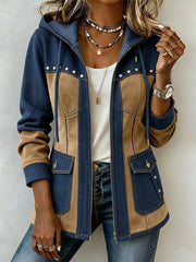 Aneska - Strukturierte Kapuzenjacke – Blau/Beige