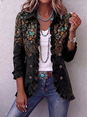 Faelisse - Handgefertigte Rüschenjacke mit Paisley-Muster – Schwarz