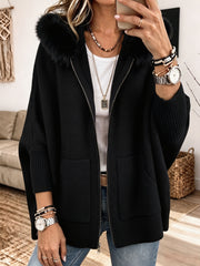 Veronelle - Soft-Touch-Kapuzenstrickjacke mit Reißverschluss – Schwarz