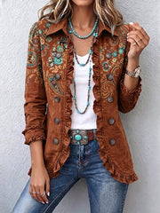 Faelisse - Handgefertigte Rüschenjacke mit Paisley-Muster – Braun