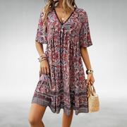 Ottilia | Damen Boho V-Ausschnitt Minikleid – Rot