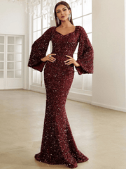 Pailletten Abendkleid Maxi mit V-Ausschnitt – Bordeaux