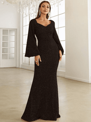Pailletten Abendkleid Maxi mit V-Ausschnitt – Schwarz