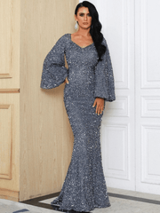 Pailletten Abendkleid Maxi mit V-Ausschnitt – Grau