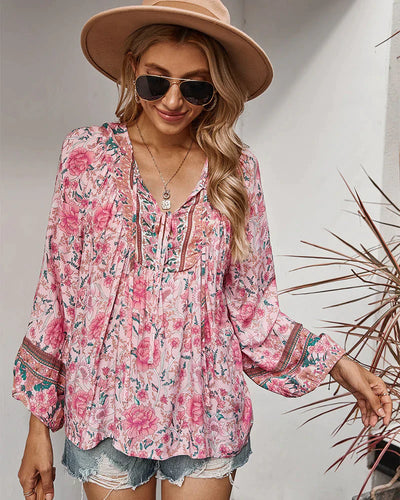 Vintage Boho Sommerbluse mit Blumenprint und langen Ärmeln – Sana