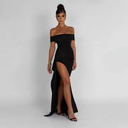 Maxikleid für Damen mit schulterfreiem Ausschnitt und Seitenschlitz – Schwarz