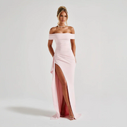 Maxikleid für Damen mit schulterfreiem Ausschnitt und Seitenschlitz – Rosa