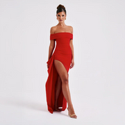 Maxikleid für Damen mit schulterfreiem Ausschnitt und Seitenschlitz – Rot